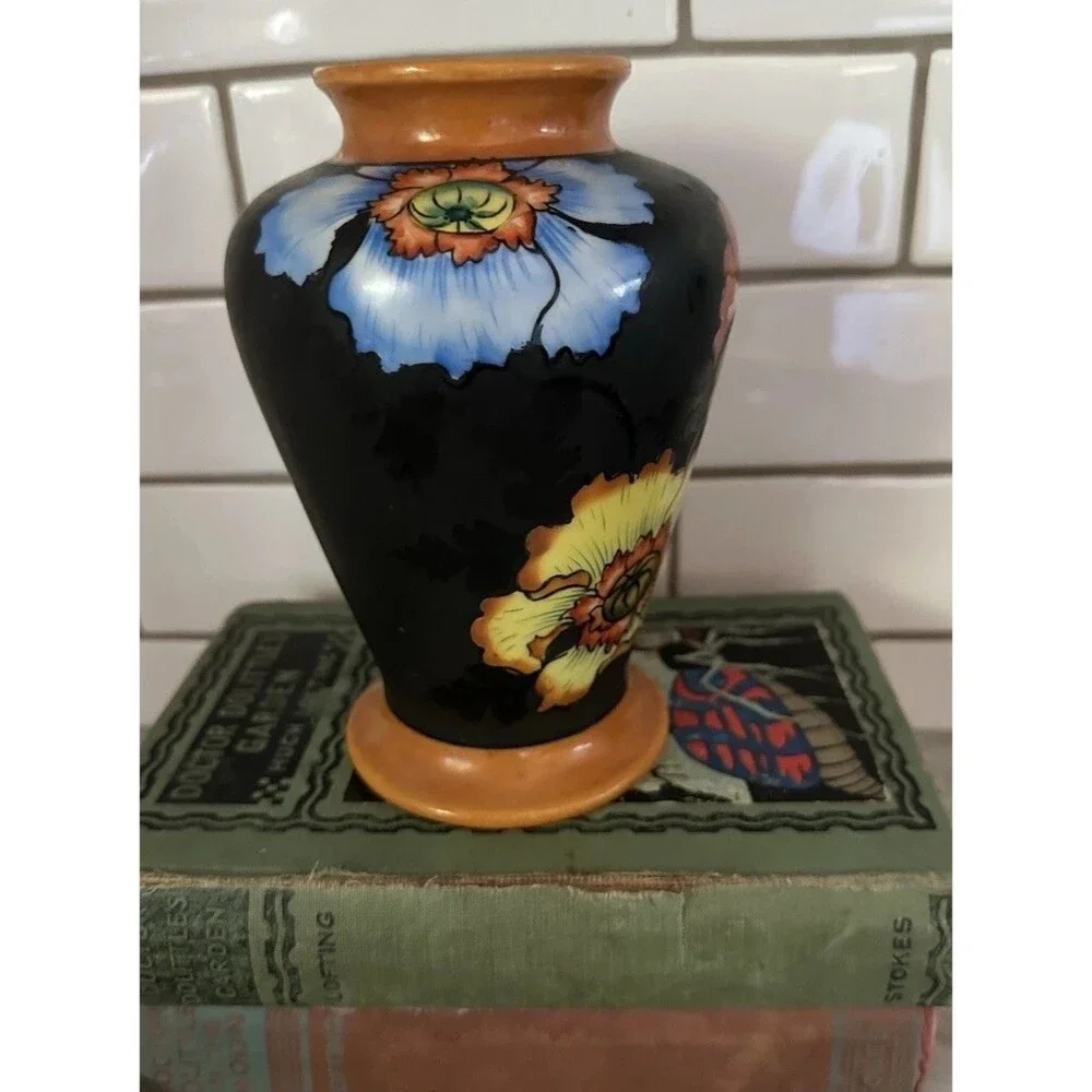 Orange Blue Red Poppy Black Flora Vase Japan Hand Painted 6.5”
